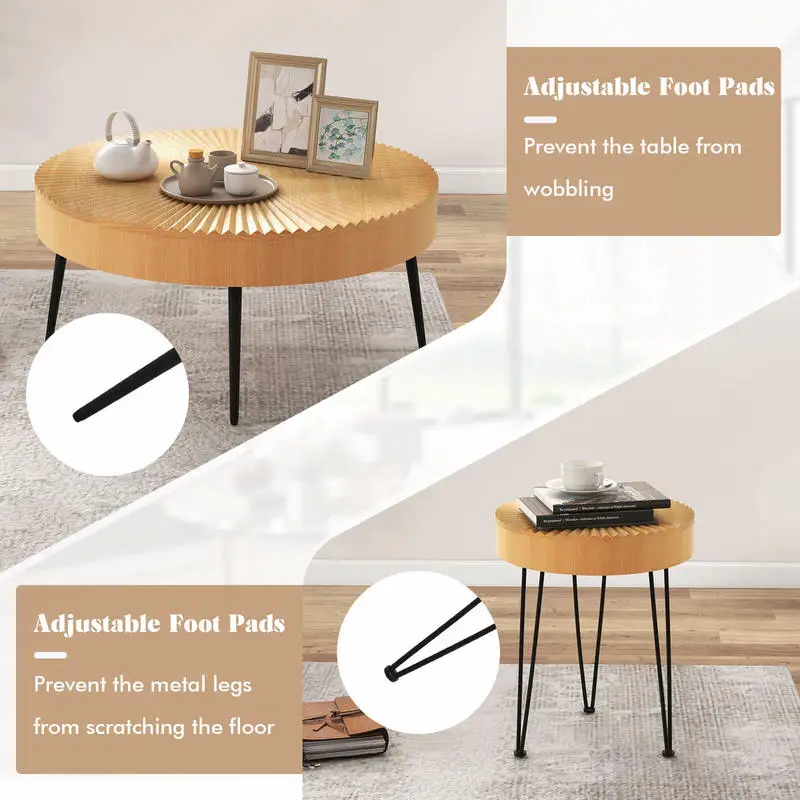 

2 Set of Wooden Coffee Table with Metal Legs and Adjustable Foot Pads-Radial Pattern