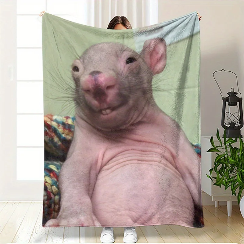 Manta de Franela con Estampado HD de Memes de Humor Malvado de Rata Calva con Bigote, Versátil para Exteriores, Playa, Camping, Sala de Estar, Sofá, Oficina