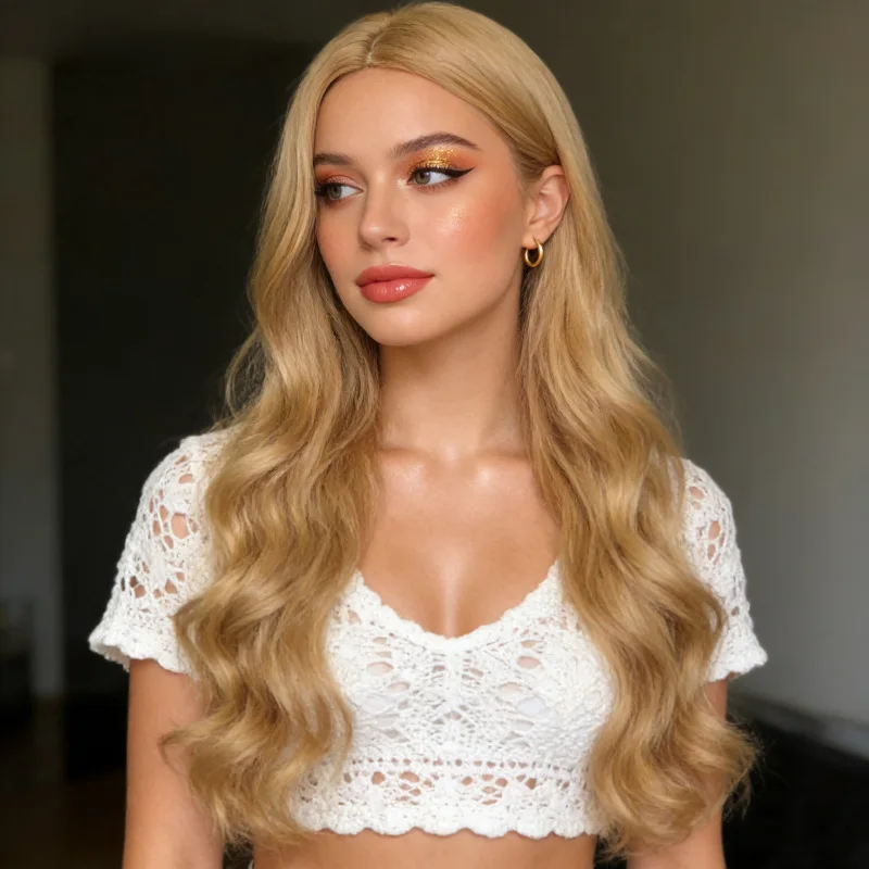 European and American style women's wig, light blonde, middle-parted, large wavy long curly hair, full headpiece