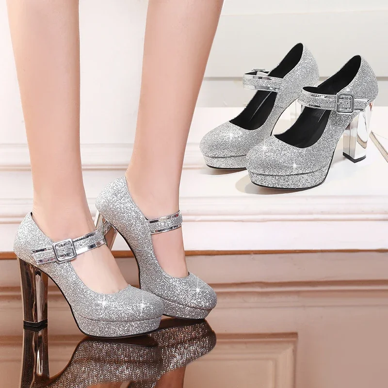 Silver Gold Sequined Cloth Wedding Women Platform Pumps High Block Heels Round Toe Buckle Belt Mary Jane Party Office Lady Shoes