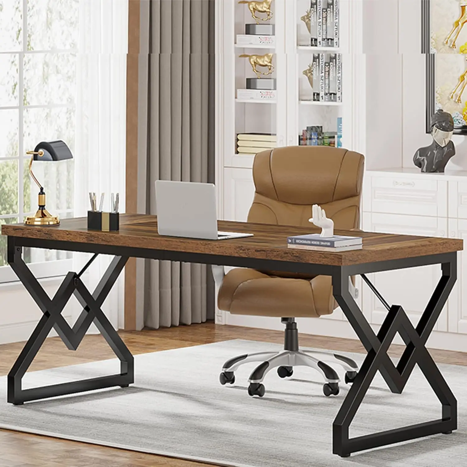 

63 Large Industrial Executive Desk with Extra Thickened Tabletop & Metal Frame, Heavy-Duty 300 lb Capacity Home Offic