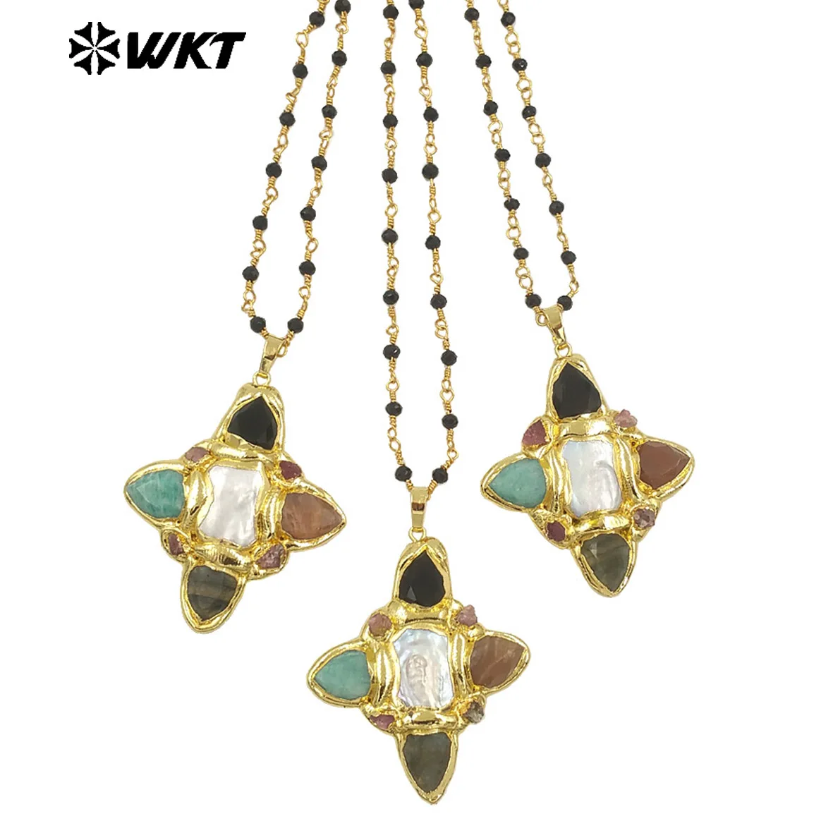 

WT-JN281 Wholesale Fashion Gold Plated Resist Tarnishable Diamond Shape Gemstone Pendant Necklace With Rosary Chain