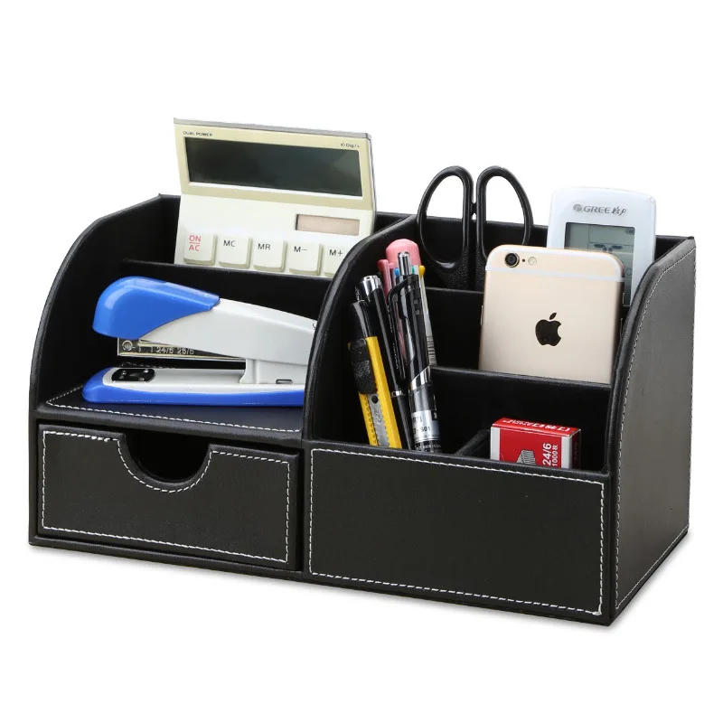 

New Creative Leather Pen Holder Fashionable Square Desktop Office Stationery Box Multi functional Black PU Storage Box