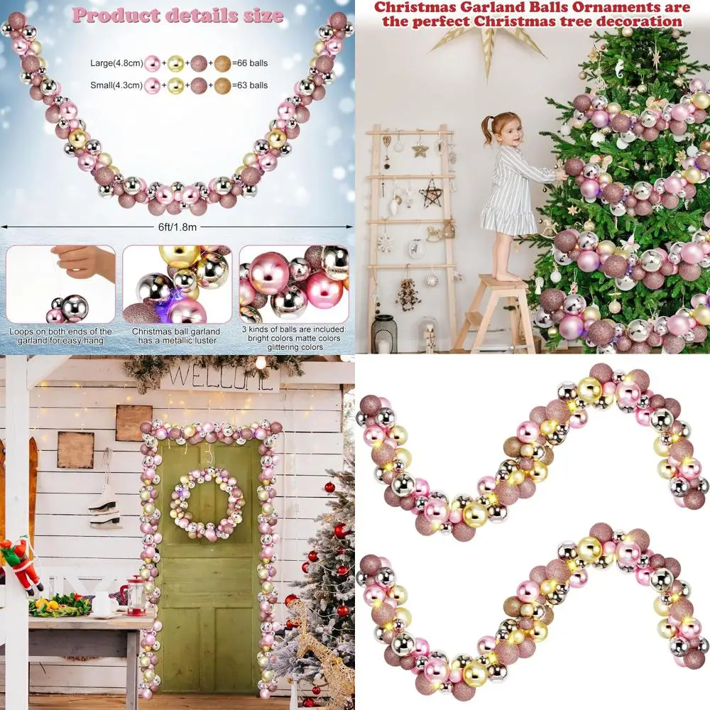 

6ft Pink & Rose Gold Christmas Ball Garland with 10ft LED Lights for Holiday Home Decor