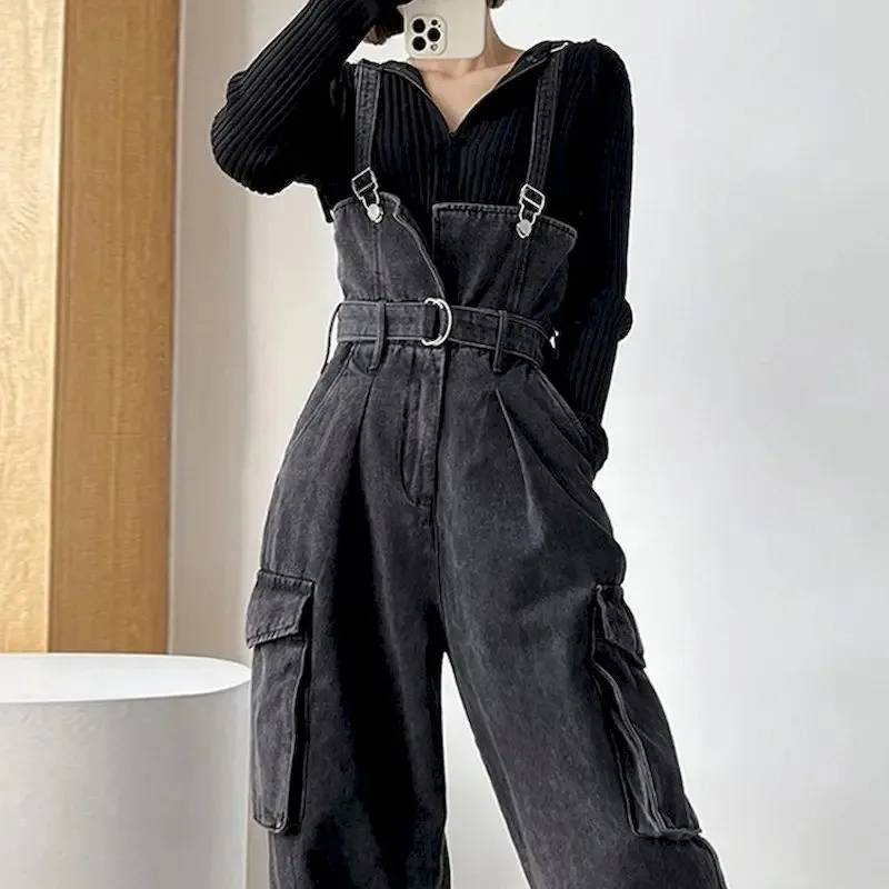 Black Denim Jumpsuits for Women Wide leg