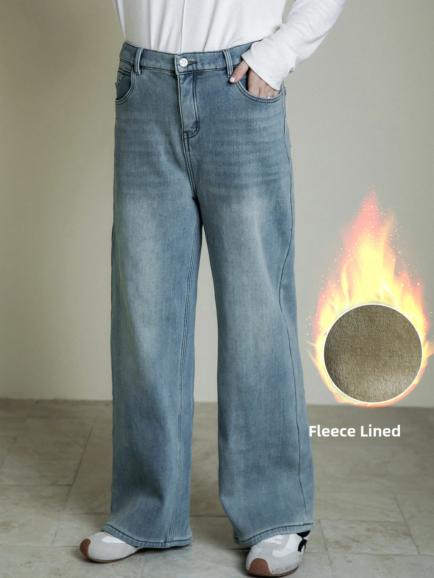 

Женские джинсы-брюки большого размера с подкладкой, широкие штанины, длиной в пол, расклешенные, зимние, повседневные, с высокой талией, из денима