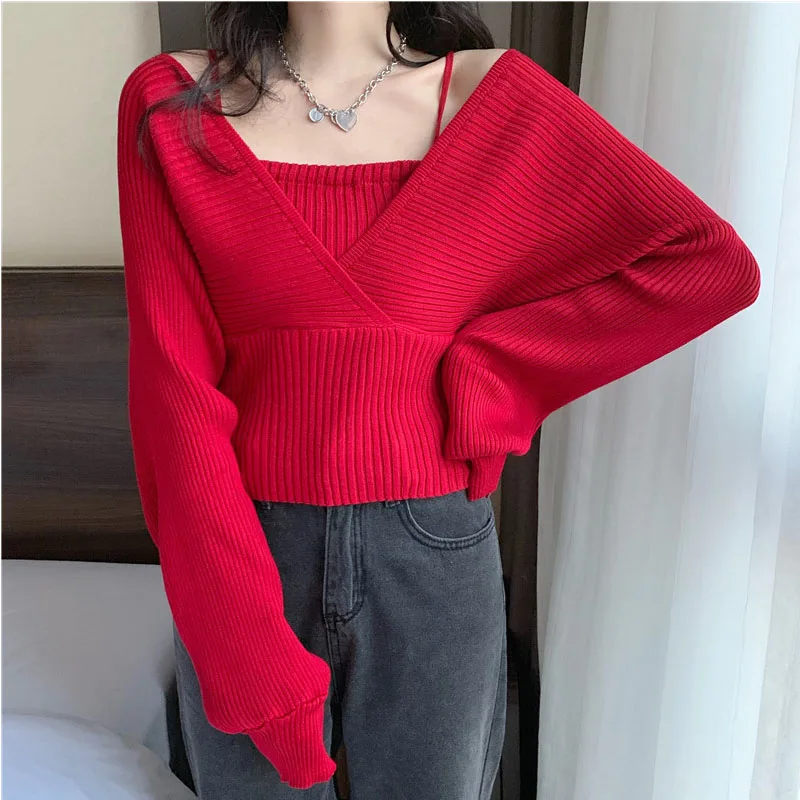 Fake Two Sweater Women 2024 Spring Autumn New V-Neck Full Sexy Knitted Sweaters Korean Short Chic Wild Fashion Pullovers