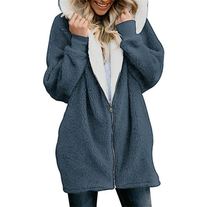 European and American Lamb Fleece Hooded Mid Length Hoodie for Women  Autumn and Winter New Item with Plush Jacket for Women