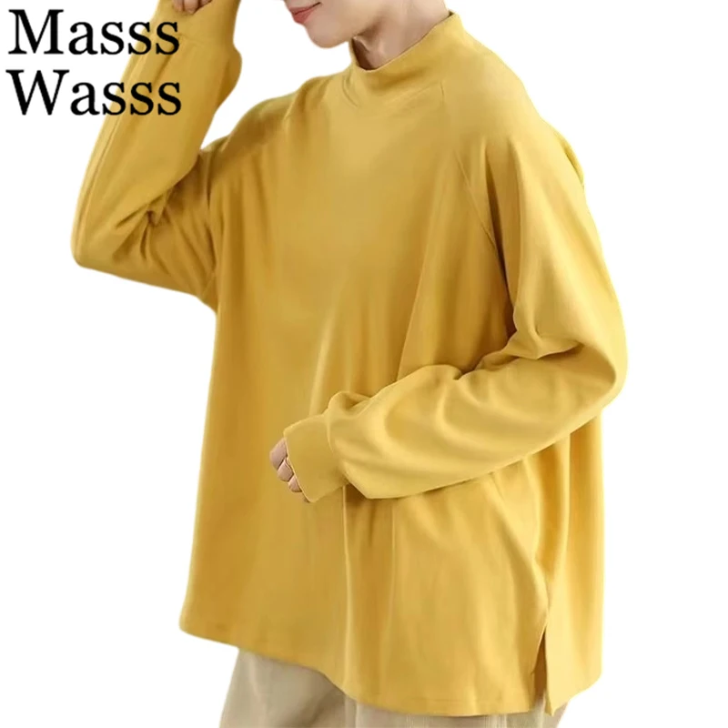 Masss Wasss 2025 Winter Classic Turtleneck Tops Womens Korean Fashion Vintage Elegant Tshirts Ladies Casual Loose Soild Clothes