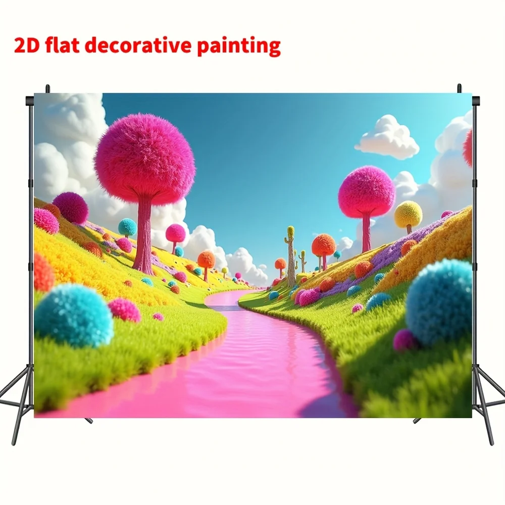1pc Candy Land Pink Fuzzy Trees River 2D Flat Tapestry Backdrop For Kids Room Decor Dreamy Landscape Wall Hanging Art Print