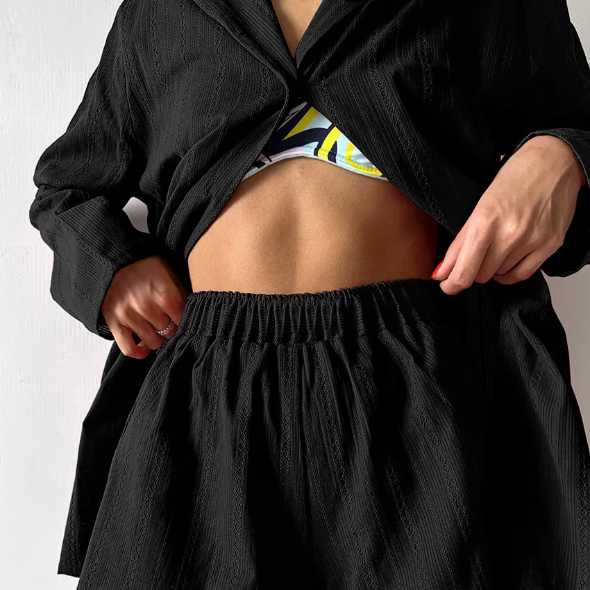 2025 verão algodão jacquard cardigan manga longa conjunto de pijama feminino shorts confortáveis homewear