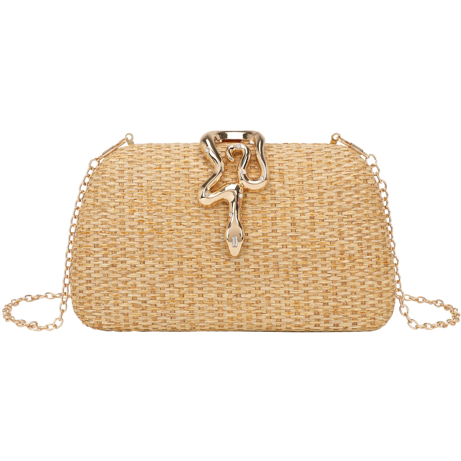 

Fashionable Handmade Woven Straw Evening Clutch Bags with Snake-shaped Buckle for Ladies Party and Formal Dresses