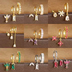3pcs Piercing Huggies Earrings Sets for Women Stainless Steel Flower Chain Colorful Zircon Huggies Earring Aesthetic Jewelry