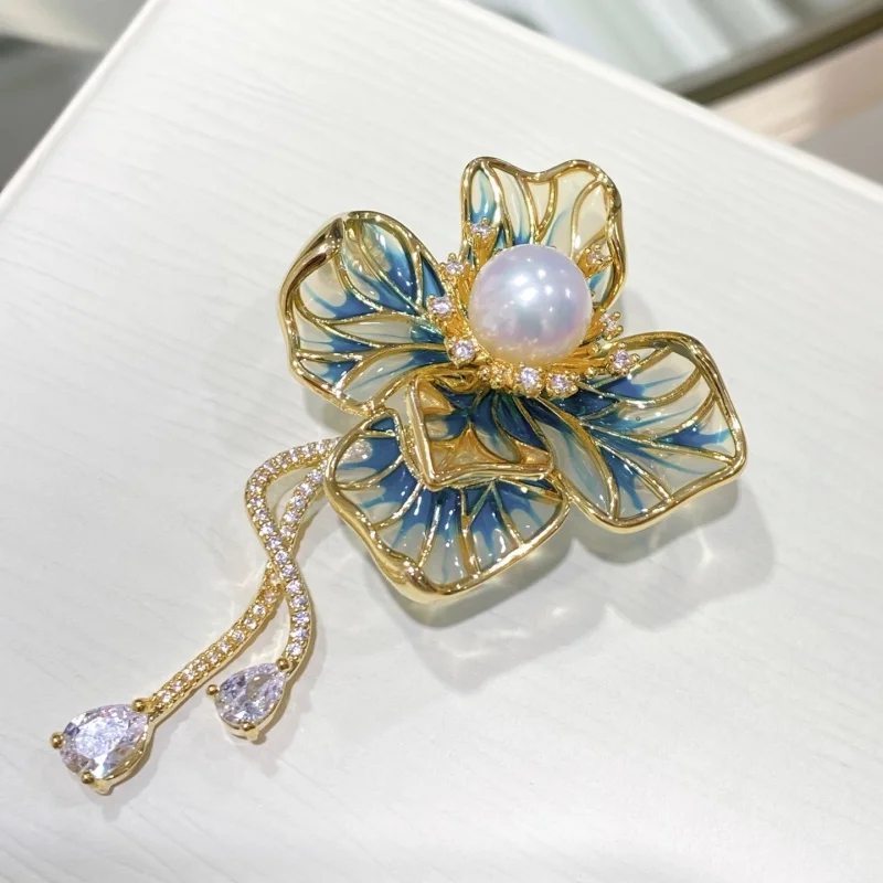 

SGARIT 925 Sterling Silver Inlaid Enamel Craft Pearl Brooch Flower Shaped Round Flawless Elegant Jewelry For Women