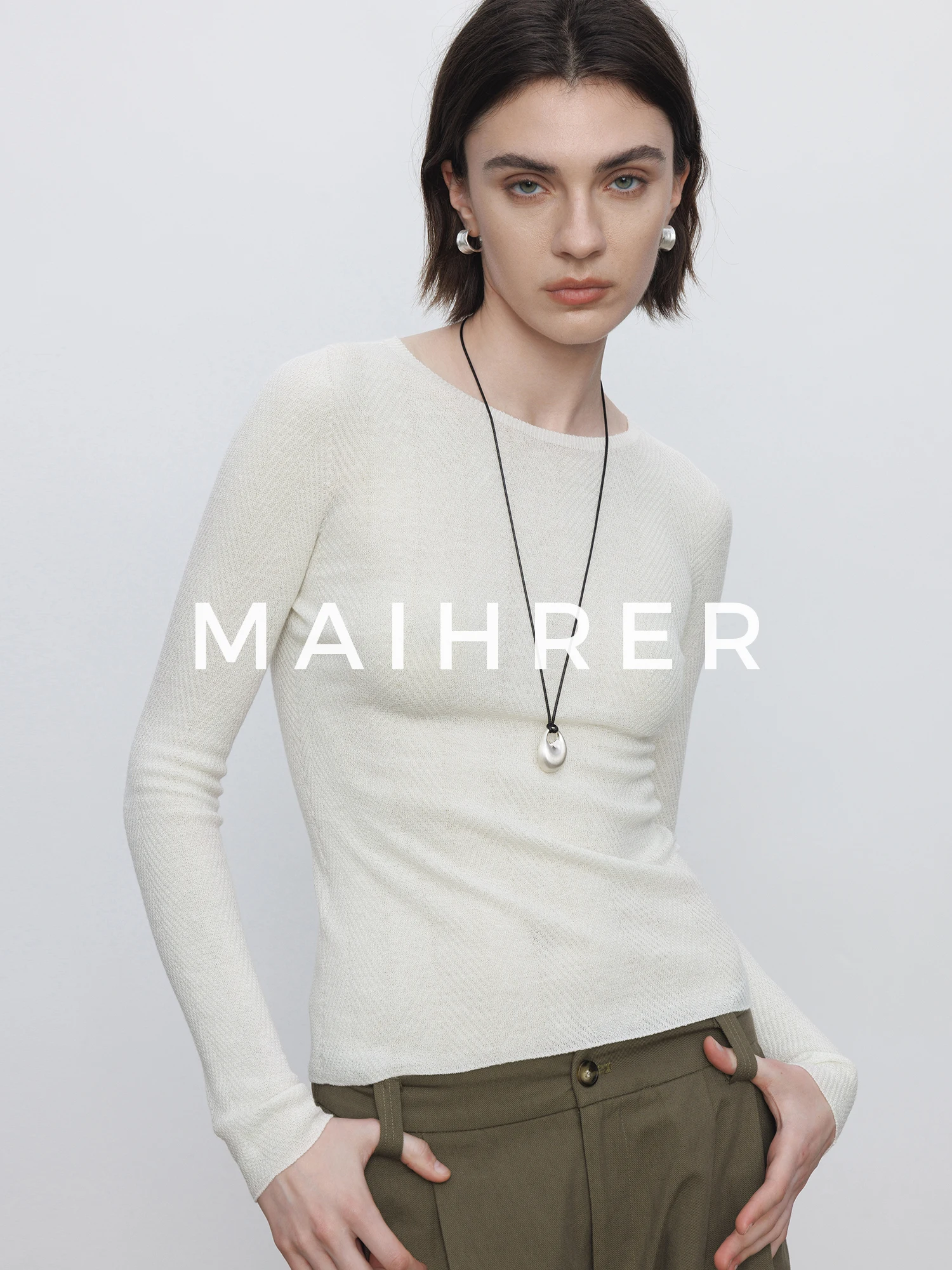 

Women's Slim Fit Knitted Base irt round Ne Sl Wool Blend Casual Sle Polyester Fiber Long Sve White round Ne