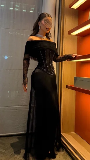 Custom Off-the-Shoulder Evening Dresses Corset Beaded Long Lace Sleeve Tassel Mermaid Party Gowns Women Formal Prom Dresses