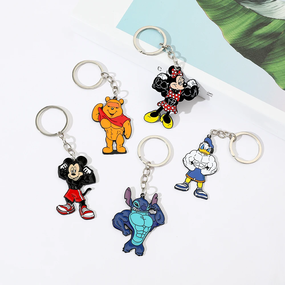 Disney Muscle Stitch Keychain Cartoon Figure Muscle Mickey Minnie Donald Duck Metal Badge Pendant Keychain Jewelry Accessories