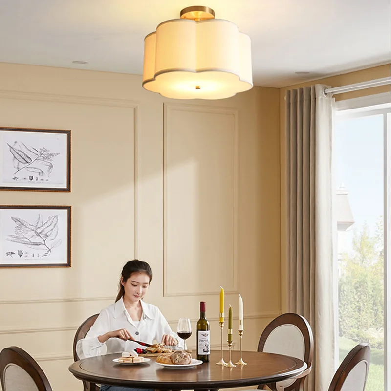 American Minimalist All Copper Ceiling Light Hallway Bedroom Dining Room Study Circular Fabric Children's Room LED Light Fixture