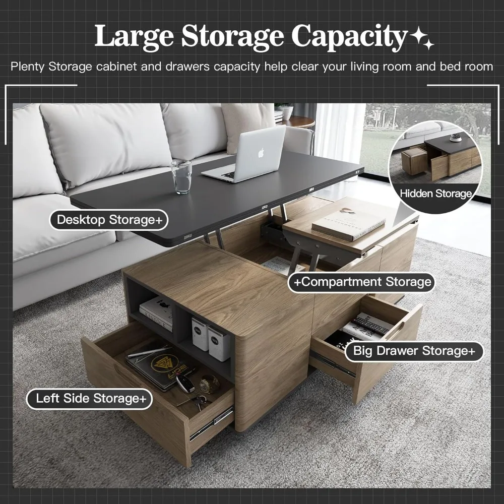 Lift Top Coffee Table with 4 Stools & Hidden Compartment and Storage Shelf, Rising Tabletop Dining Table for Living Room