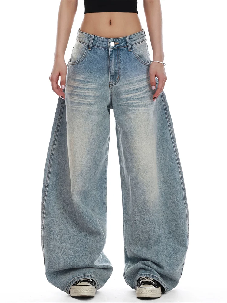 

American Cat Whisker Washed Blue Jeans Clean Fit Straight Leg Trousers Vintage Distressed Curved Hem Casual Denim Pants