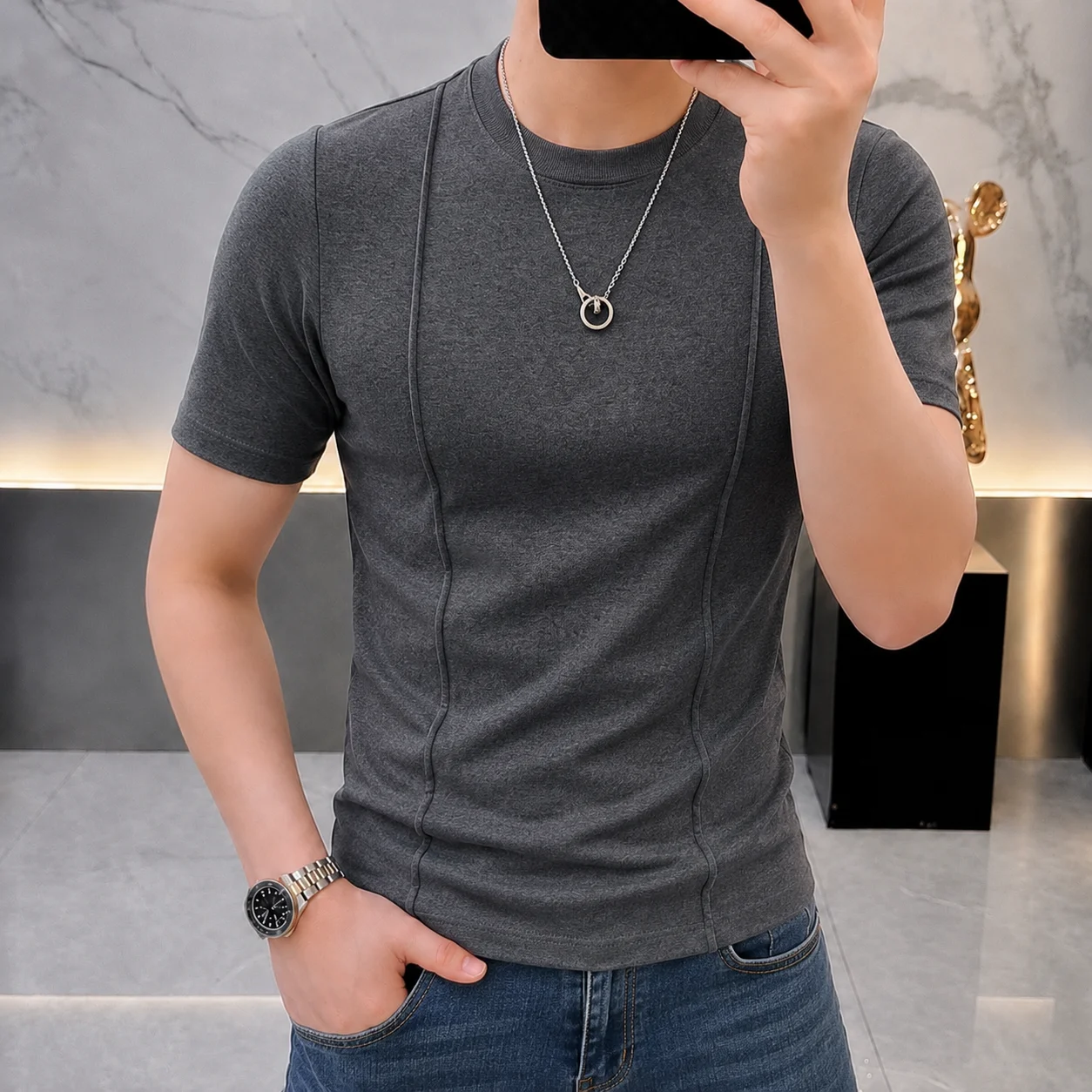 High Quality Coton Round Neck Short Sleeved T-shirt for Men's Summer Solid Color Versatile Casual T-shirt Business Base Shirt