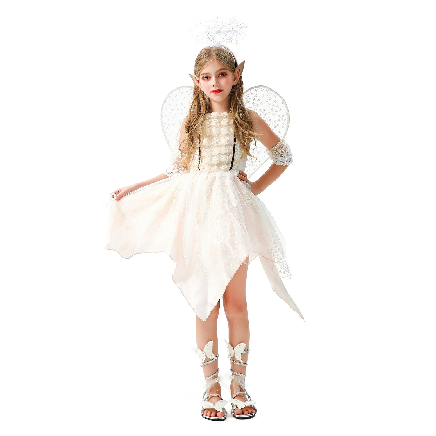 

Костюм для девочек на Хэллоуин, праздничное платье ангела с цветочными крыльями феи, детский костюм эльфа