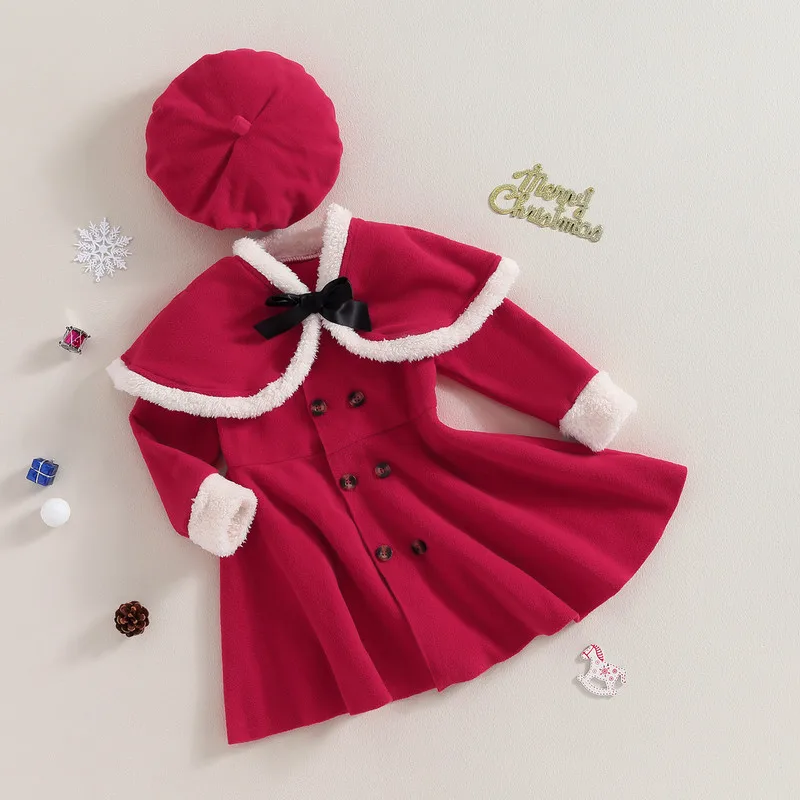 Christmas Kids Children Girl Dress Spring Autumn Clothes Long Sleeve Patchwork Bow Button Closure Jacket with Hat 2-piece Outfit