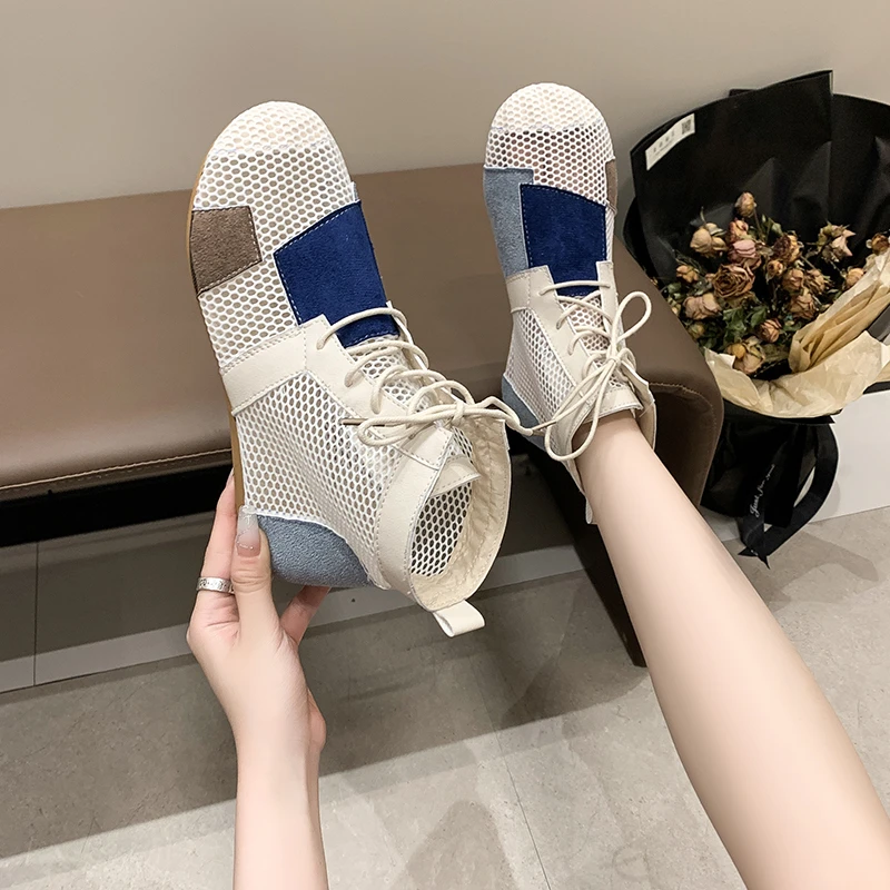 Summer Mesh Surface Women Sandals Fashion Cool Boots Color Blocking Tie Shoes for Women Luxury Designer Sandals