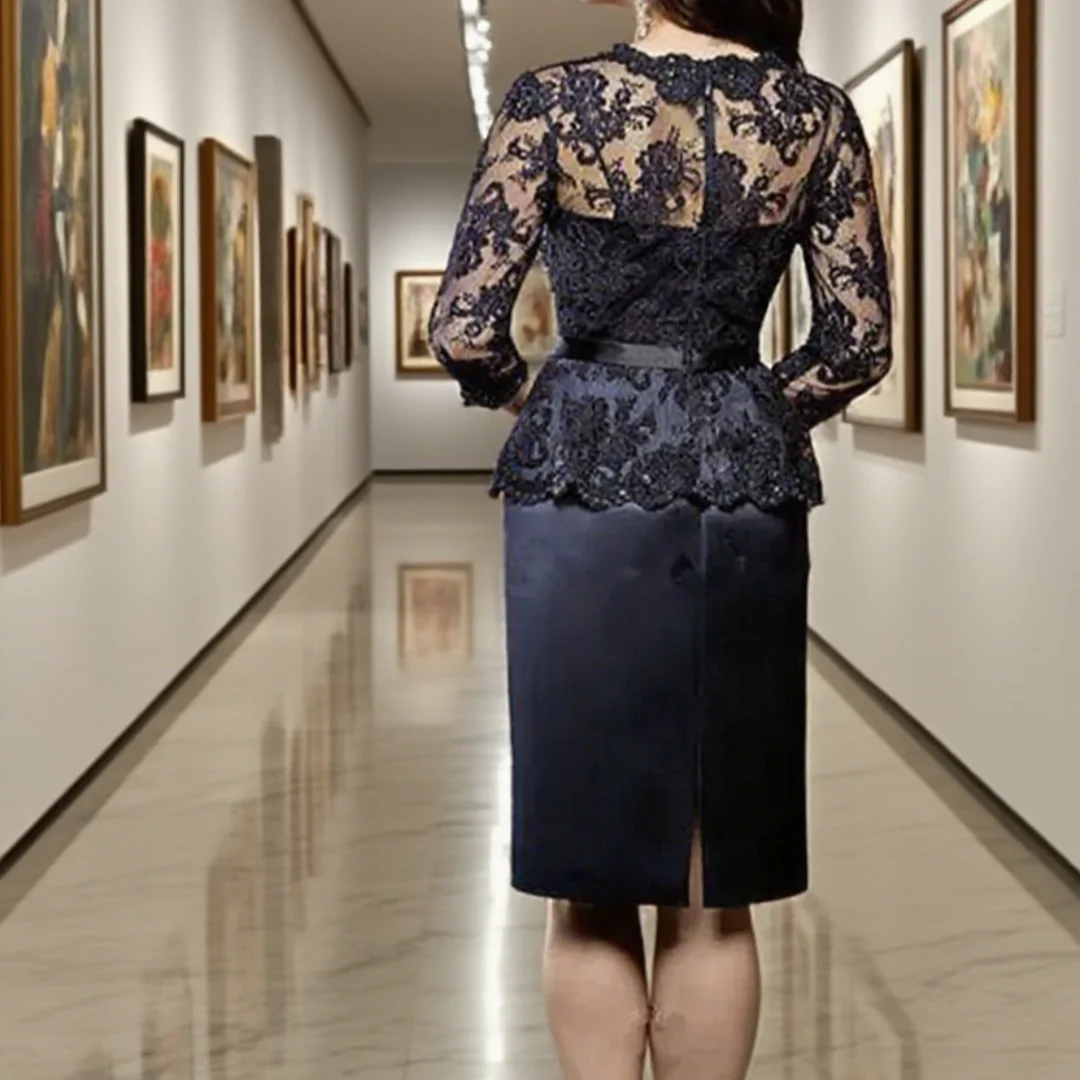 Elegant Navy Blue Lace Mother of the Bride Dress Satin Sequin-Embellished Mother's Prom Evening Gown Customized