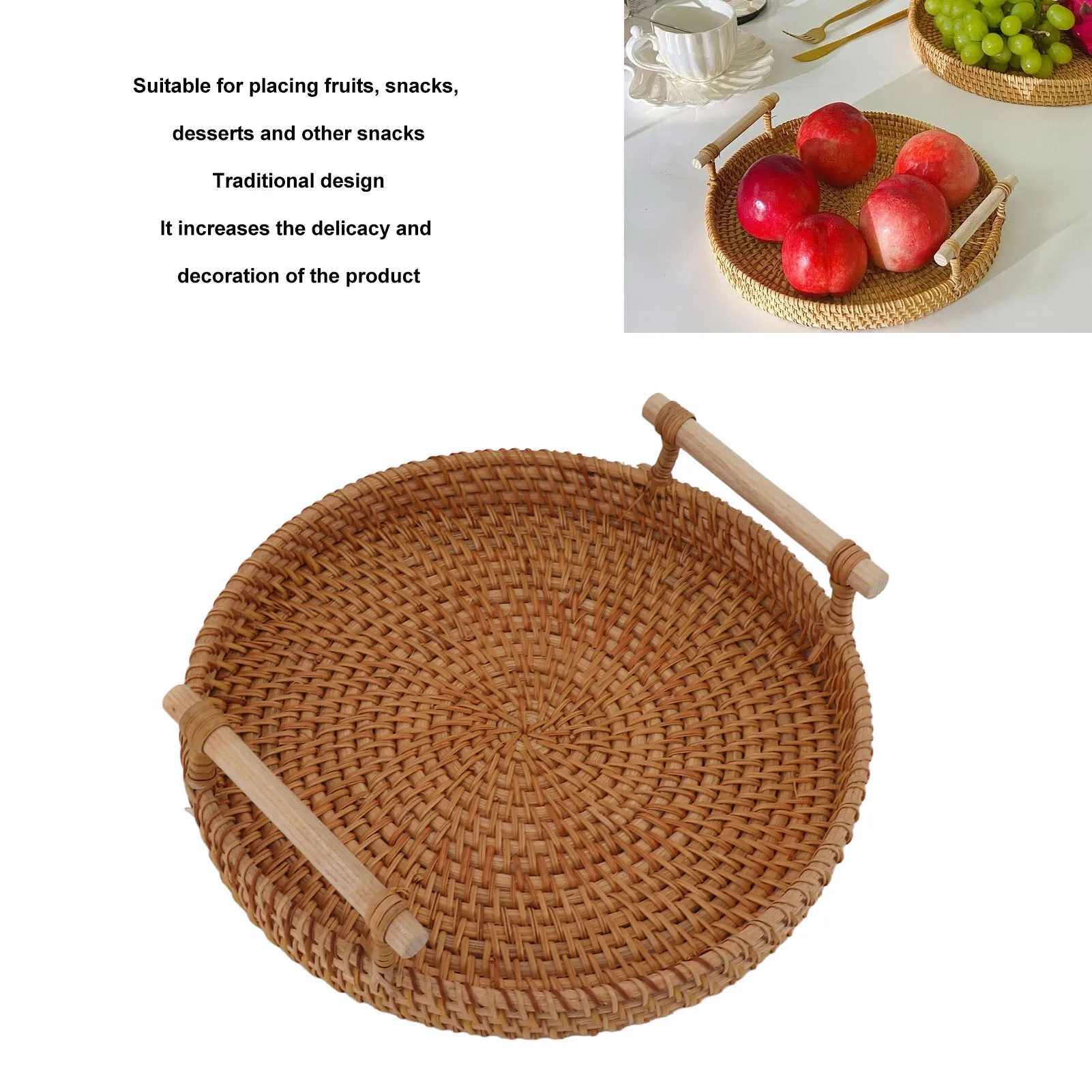 Rattan Tea Tray with Solid Wood Handles Exquisite Decorative Hand Woven Round Food Serving Tray for Storage Display Bread Fruit