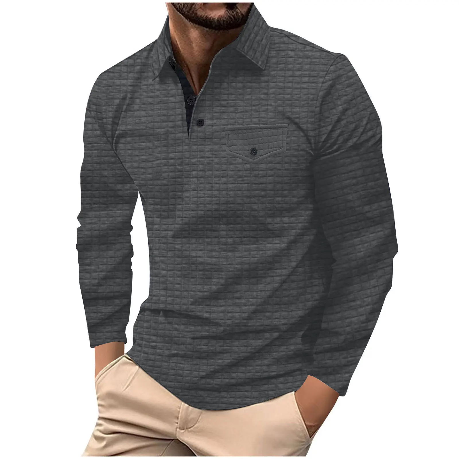 Cross border Spring and Fall men's slim-fit long-sleeved plaid POLO shirt with button pocket sports fitness polo shirt