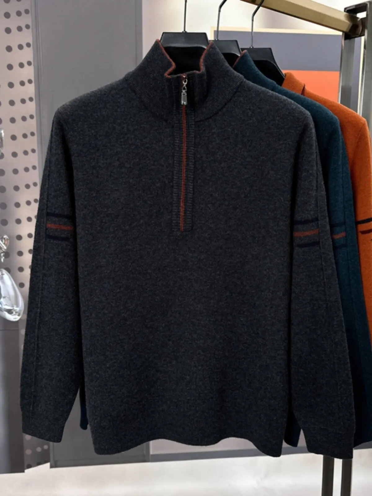 Men's sweater thickened in autumn and winter with half-high-neck zipper new 100% pure cashmere bottoming shirt.