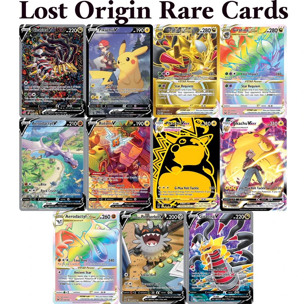 

Карты PKM Lost Origin (LOR) с фольгированным покрытием, редкие игровые карты DIY: Гиратина, Аэродактиль, Пикачу, Ротом, Галарский Персеркер/V, карты Пикачу VMAX