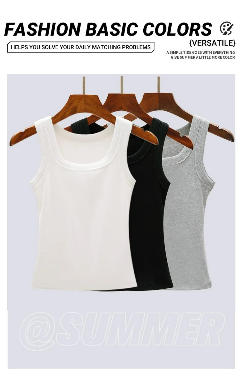Sommer Einfarbige Tanktops aus Baumwolle für Damen Ärmellose Enge Gerippte Weiße Modische Strick-Weste mit Trägern Lässige Fitness Sportliche Basis-Kleidung – Detail 3