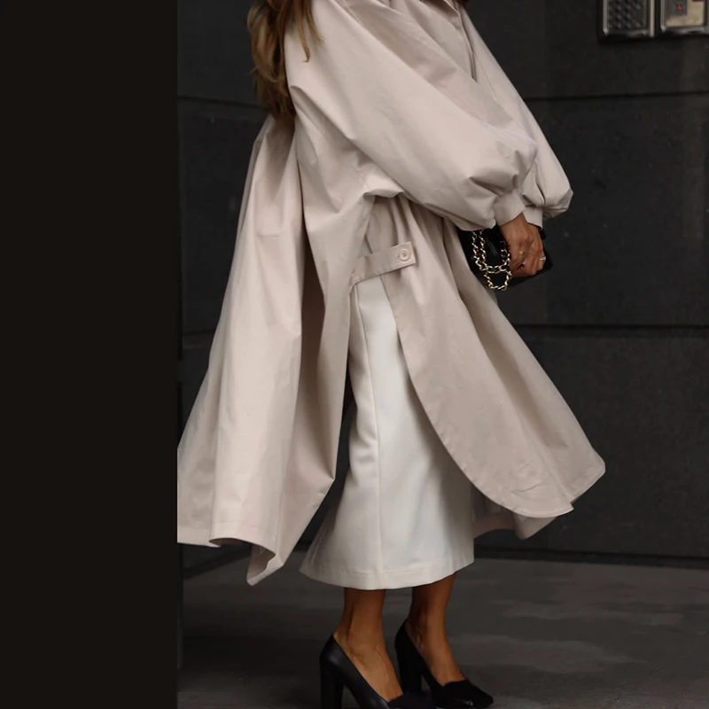 Oversized Solid Wome's Long Trench Coat Puff Sleeve Side Slit Maxi Windbreaker Lapel Single Breasted Lady Autumn Tench Coats image 2