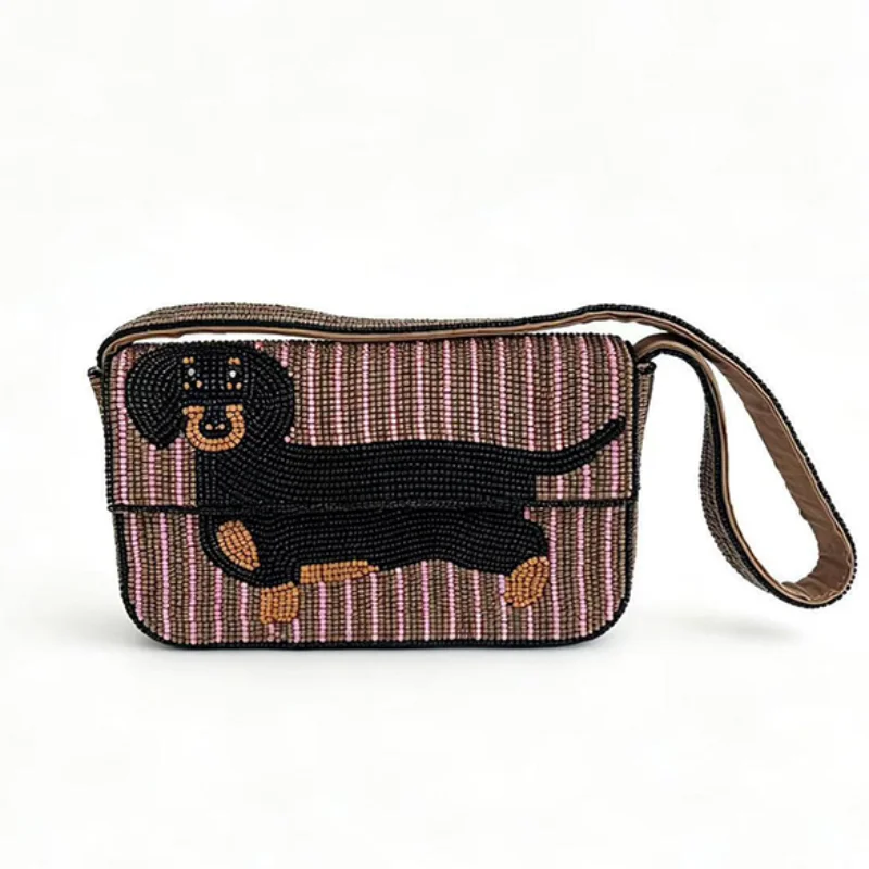 Cute Puppy Beaded Embroidered Handbag Stylish Striped Magnetic Snap Mini Shoulder Bag For Women Cartoon Animal Small Square Bag