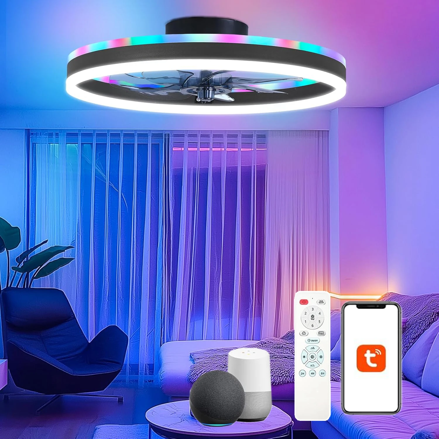 مروحة سقف ذكية RGB مروحة 6 سرعات + تأثير السماء المرصعة بالنجوم، ضوء مروحة سقف حديث ومنخفض المفتاح مع أضواء LED #2