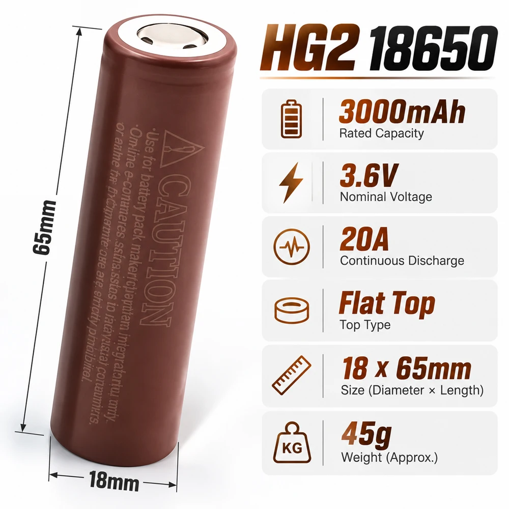 18650 HG2 3000mAh Li-ion Battery 3.6V 20A High Drain Rechargeable Flat Top Cell for Power Tools Drill Mower Flashlight DIY