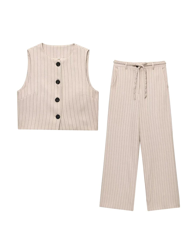 

2025 Women Summer 2-Pieces Sets Casual Striped Short Vests Coats and Trousers Female Elegant Street Two Suits Clothing