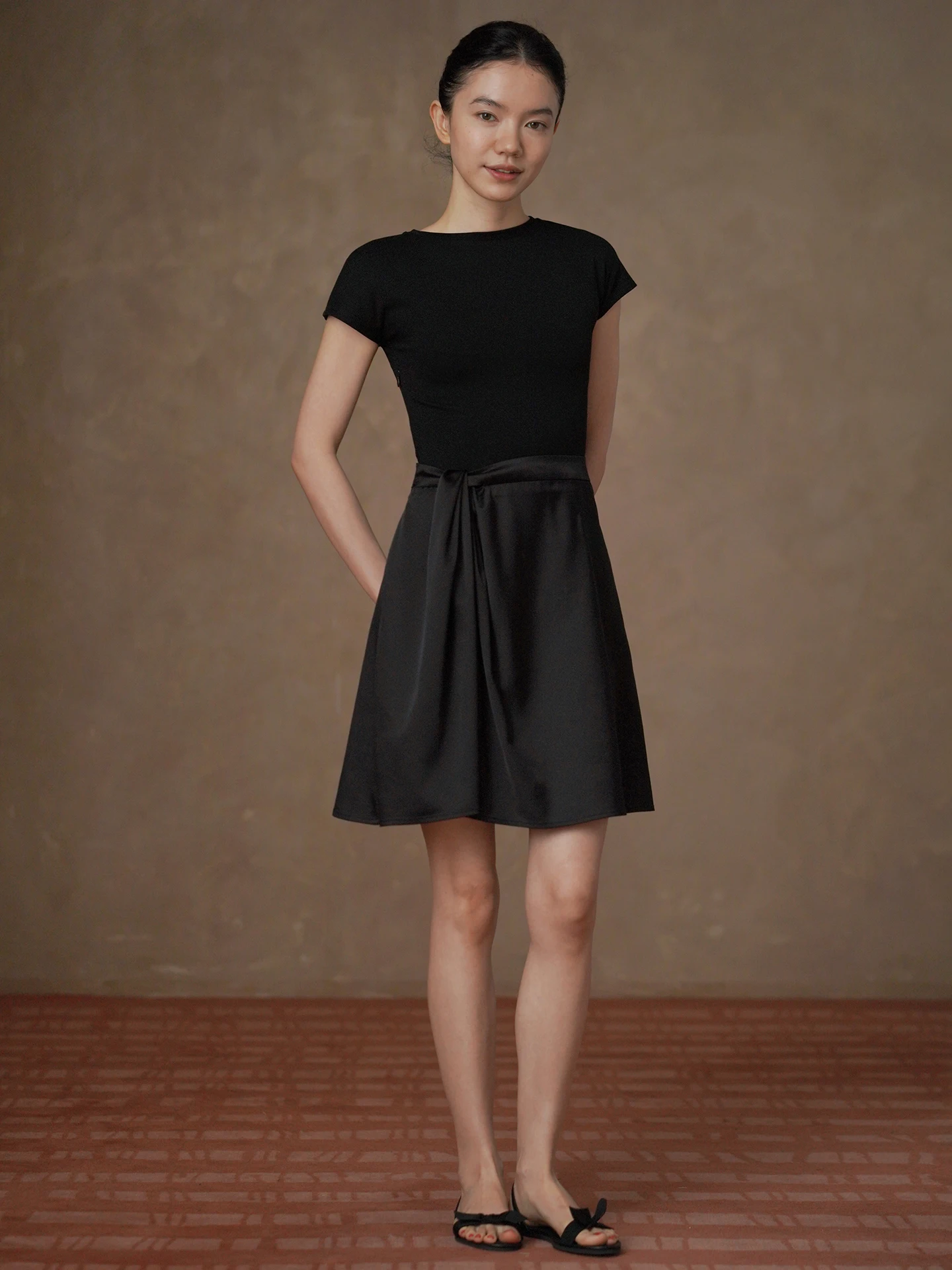 Elegant Short round Neck Satin Skirt Dress Ballet Splice Waist Knot Slimming Dress Casual Summer Zipper Loose Fit Citywalk