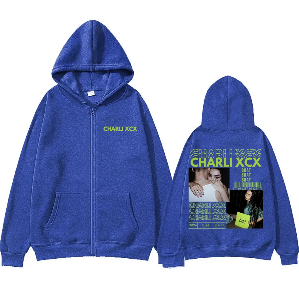 นักร้อง Charli XCX Brat อัลบั้มกราฟิกซิป Hoodie ผู้ชายผู้หญิงแฟชั่นขนาดใหญ่ Zip Up เสื้อแจ็คเก็ตผู้ชายขนแกะผ้าฝ้าย Zip Up Hoodies