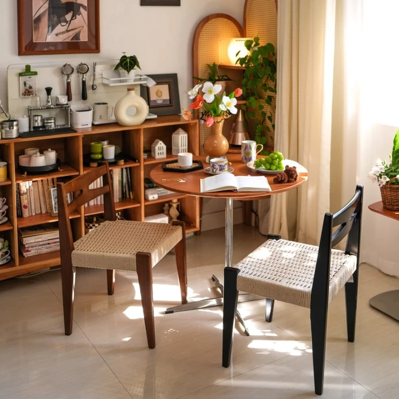 

Mid-Century Modern Dining Chair Solid Wood Backrest Chair Hemp Rope Knitting Living Room Stool for Kitchen Home Furniture