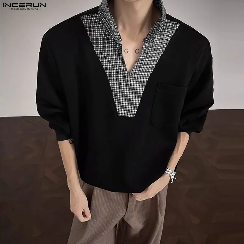 INCERUN Männer Hoodies Plaid Patchwork Revers Langarm Casual Männlichen Sweatshirts Streetwear Lose Koreanischen Stil, Mode Pullover Männer