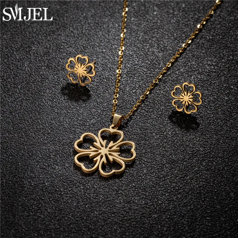 SMJEL Stainless Steel Lily Flower Necklace Women Girls Golden Jewelry Sets Trendy Datura Cherry Blossom Earrings Wedding Gift
