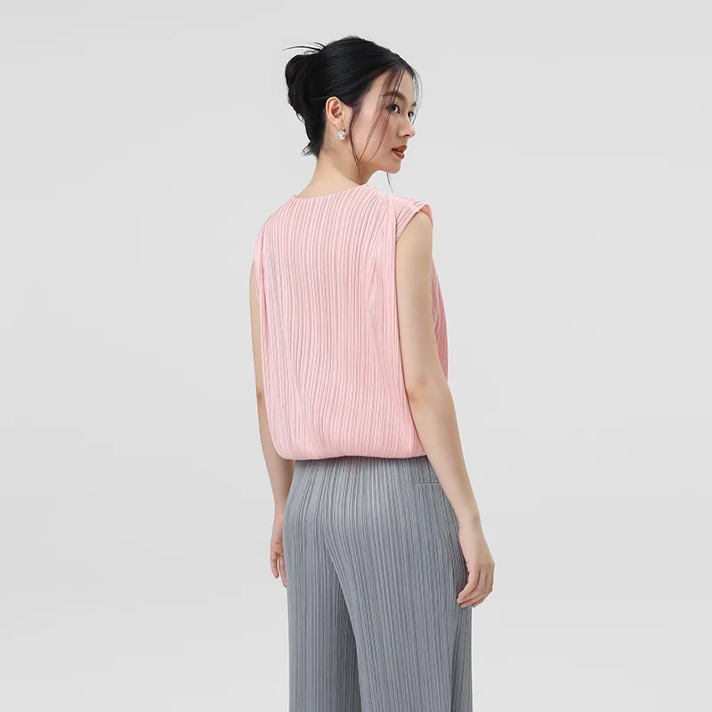 Miyake Pleated Solid Tops Crew Neck Sleeveless Vertical Textured Gathered Hem Top Minimalist Chic Versatile Essential Tops