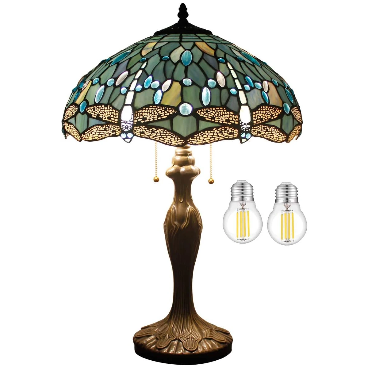 

WERFACTORY Tiffany Lamp Sea Blue Stained Glass Bedside Table Lamp Dragonfly Style Metal Base 16X16X24 Inches Desk Light