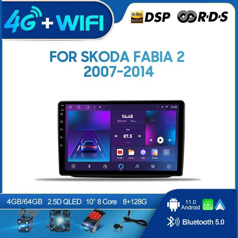 

QSZN для Skoda Fabia 2 2007-2014 10-дюймовый 2din Android 12,0 Автомобильный радиоприемник Мультимедийный видеоплеер GPS-навигация 4G Carplay головное устройство