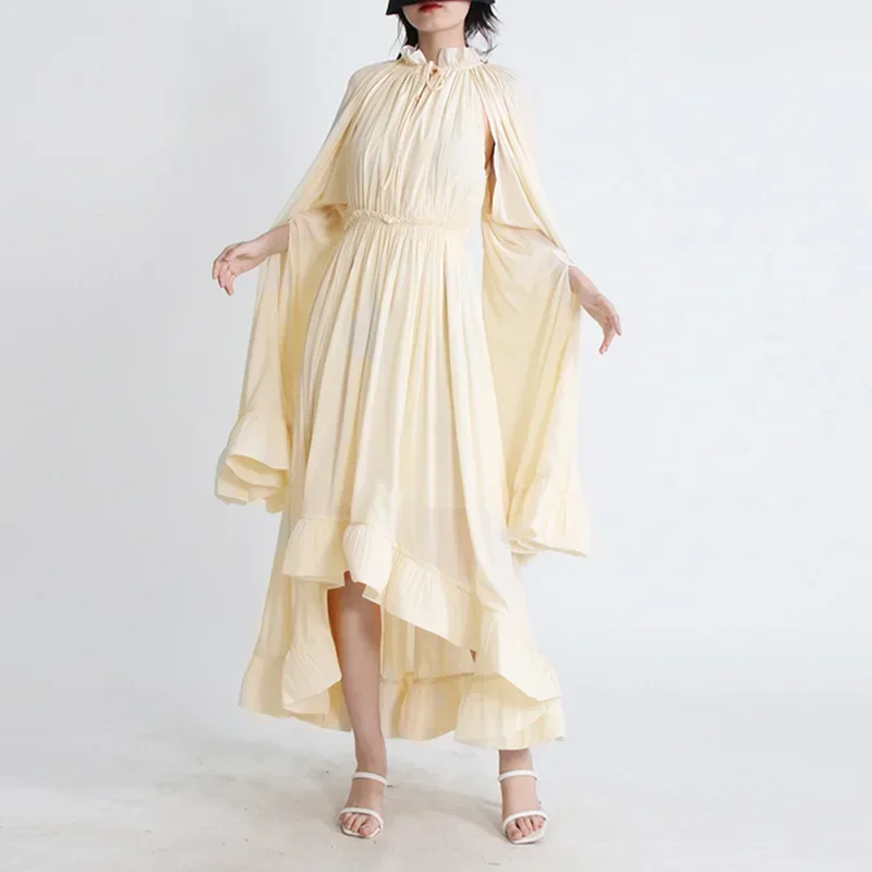 Patchwork Ruffles Minimalist Dresses for Women V Neck Cloak Sleeve High Waist Irregular Dress Female Fashion Cosplay Costumes