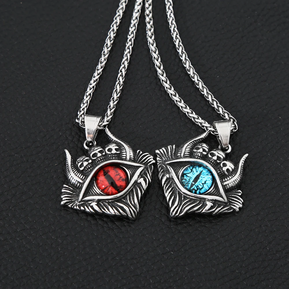 Retro Skull Demon Eye Necklace Pendant Punk Street Biker Stainless Steel Eye of Hell Necklaces Fashion Mens Chain Jewelry Gifts