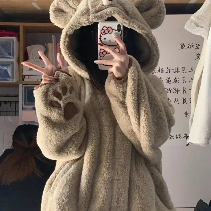 Autumn Winter Sweet Bear Ear Hooded Pajama Sets Women Coral Fleece Warm Sleepwear Girls Cute Cartoon Embroidery Lolita Nightwear